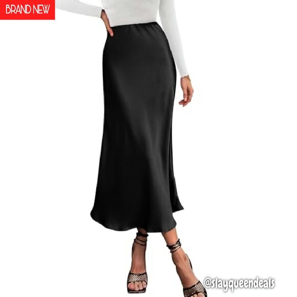 Satin Midi Skirt High Waist Elastic A-Line Cocktail Wedding Party - Picture 2 of 8